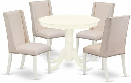 East West Furniture ANFL5-LWH-01 5 Piece Kitchen Table & Chairs Set Includes a Round Dining Room Table with Pedestal and 4 Cream Linen Fabric Parson Dining Chairs, 36x36 Inch, Linen White