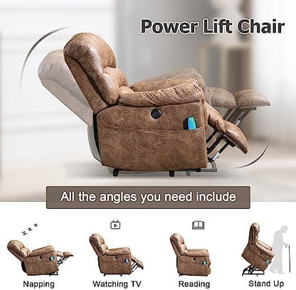 Phoenix Home Large Power Lift Recliner with Massage and Heat for Elderly, Heavy Duty & Safety Motor Reclining Chair, Faux Leather Electric Wider Recliner with USB Ports, 2 Side Pockets, Brown