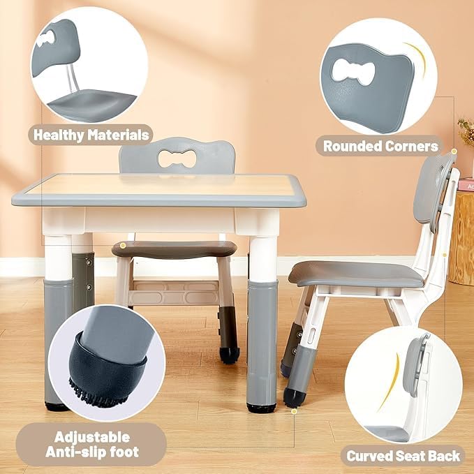 FUNLIO Adjustable Kids Chair (2pcs), 3 Level Height Adjustable Toddler Chair for Ages 3-8, Sturdy Child Chair with Maximum Bearing 220lbs, for Classrooms/Daycares/Homes, CPC & CE Approved - Grey