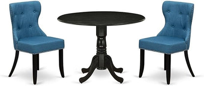 East West Furniture DLSI3-ABK-21 3 Piece Modern Dining Table Set Contains a Round Wooden Table with Dropleaf and 2 Blue Linen Fabric Upholstered Parson Chairs, 42x42 Inch, Wirebrushed Black