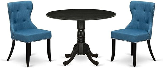 East West Furniture DLSI3-ABK-21 3 Piece Modern Dining Table Set Contains a Round Wooden Table with Dropleaf and 2 Blue Linen Fabric Upholstered Parson Chairs, 42x42 Inch, Wirebrushed Black