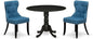 East West Furniture DLSI3-ABK-21 3 Piece Modern Dining Table Set Contains a Round Wooden Table with Dropleaf and 2 Blue Linen Fabric Upholstered Parson Chairs, 42x42 Inch, Wirebrushed Black