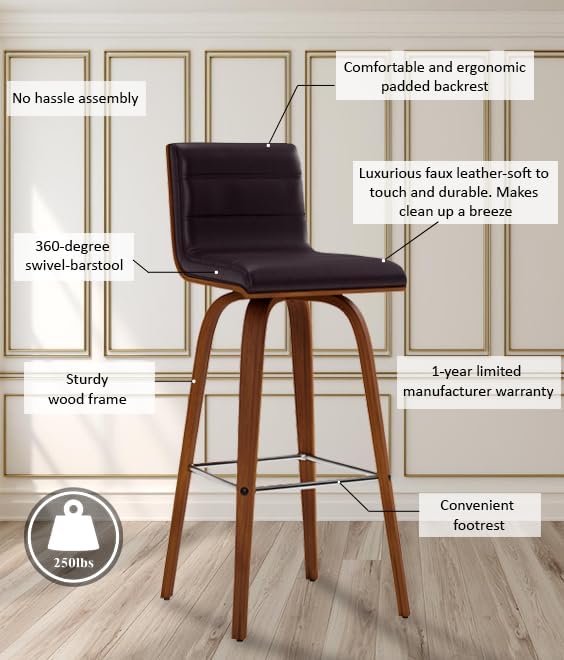 Armen Living Vienna 30" Bar Height Swivel Brown Faux Leather and Walnut Wood Bar Stool