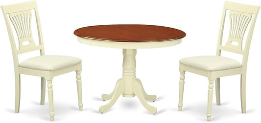 East West Furniture HLPL3-BMK-C 3 Piece Dining Room Furniture Set Contains a Round Kitchen Table with Pedestal and 2 Linen Fabric Upholstered Dining Chairs, 42x42 Inch, Buttermilk & Cherry