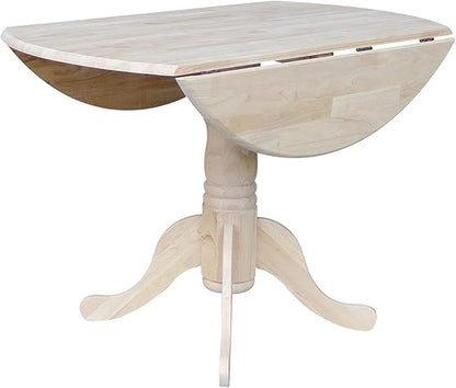 IC International Concepts, Round Dual Drop Leaf Pedestal Dining Table, Solid Real Wood, Sturdy Parawood, Dimensions 42"D x 42"W x 29.5"H, 40lbs Capacity, Paint/Stain Ready, Unfinished