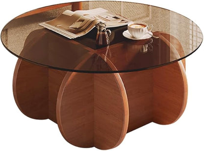Modern Round Glass Coffee Table - Mid Century Small Coffee Table for Living Room, Suitable for Bedroom Living Room Reception Offices Couch Tables(Walnut/Brown)