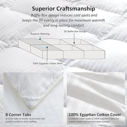 Luxurious All-Season Goose Down Comforter Duvet Insert, Exquisite Oversized California King White Stripe Design, 108" X 98 ", 100% Cotton Down Proof Fabric, 65 oz. Fill Weight