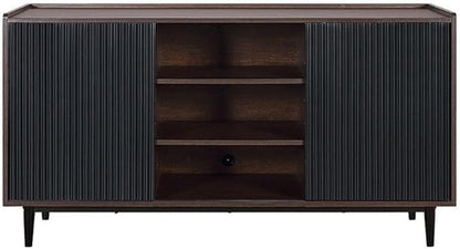 Manhattan Comfort Duane 59-Inch Ribbed Mid Century Modern Sideboard, Versatile Dining & Living Room Buffet Table with 3 Adjustable Center Shelves & 2 Side Cabinets, Set of 3, Black