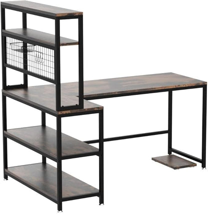 Tribesigns 55" L-Shape Computer Desk with Hutch and Wireless Charging, Office Desk Study Table Writing Desk Workstation with 5 Shelves and Movable CPU Stand for Home Office (Brown)