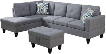 Grey L-Shaped 3-Piece Linen Sofa with Storage Ottoman Set, Sectional Couch Sofa Set for Living Room, Office, Small Space