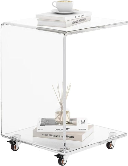Modern Acrylic Side Table, C-Shaped Sofa Table Nightstand with Storage and Lockable Wheels for Living Room, Bedroom, Office, Bedside, Couch, 13.38" D x 14.17" W x 21.65" H