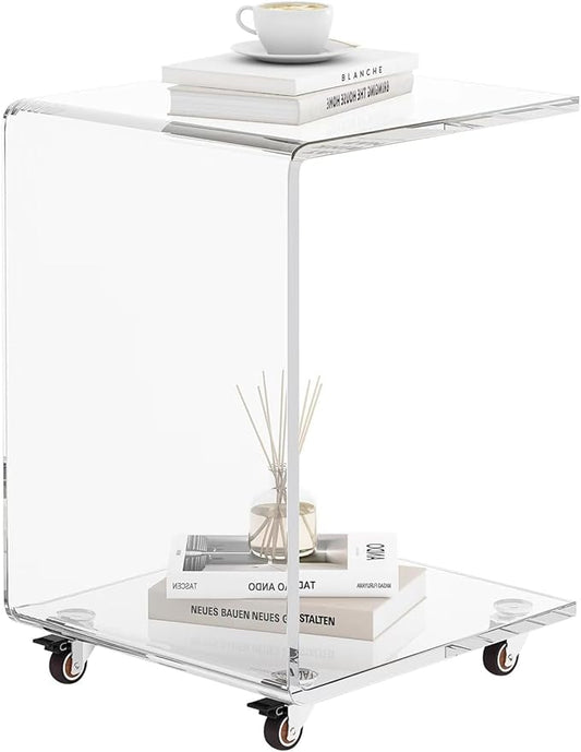 Modern Acrylic Side Table, C-Shaped Sofa Table Nightstand with Storage and Lockable Wheels for Living Room, Bedroom, Office, Bedside, Couch, 13.38" D x 14.17" W x 21.65" H