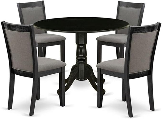 East West Furniture DLMZ5-AB6-50 5 Piece Dining Room Furniture Set Includes a Round Dining Table with Dropleaf and 4 Dark Gotham Grey Linen Fabric Parson Chairs, 42x42 Inch, Wirebrushed Black