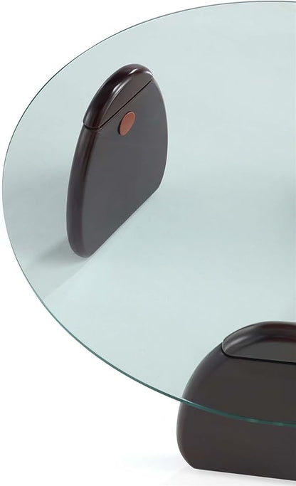 Manhattan Comfort Artesia 2 Piece Set, Round End and Coffee Tables with with Sleek Tempered Glass Top and Solid Wood Base, Living Room Accent Furniture for Modern Homes, Full Collection, Dark Walnut
