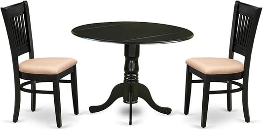 East West Furniture DLVA3-BLK-C 3 Piece Kitchen Table Set for Small Spaces Contains a Round Dining Room Table with Dropleaf and 2 Linen Fabric Upholstered Chairs, 42x42 Inch, Black