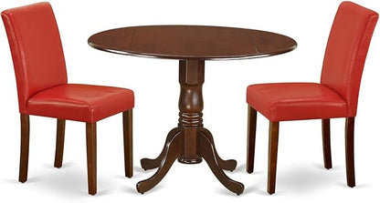 East West Furniture DLAB3-MAH-72 3 Piece Kitchen Table Set Contains a Round Dining Table with Dropleaf and 2 Firebrick Red Faux Leather Upholstered Chairs, 42x42 Inch, Mahogany