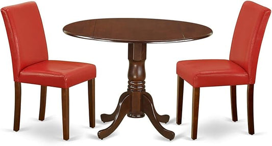 East West Furniture DLAB3-MAH-72 3 Piece Kitchen Table Set Contains a Round Dining Table with Dropleaf and 2 Firebrick Red Faux Leather Upholstered Chairs, 42x42 Inch, Mahogany