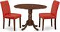 East West Furniture DLAB3-MAH-72 3 Piece Kitchen Table Set Contains a Round Dining Table with Dropleaf and 2 Firebrick Red Faux Leather Upholstered Chairs, 42x42 Inch, Mahogany