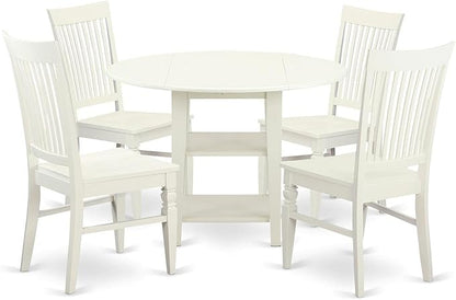 East West Furniture SUWE5-LWH-W 5 Piece Dining Set Includes a Round Dining Room Table with Dropleaf & Shelves and 4 Kitchen Chairs, 42x42 Inch, Linen White