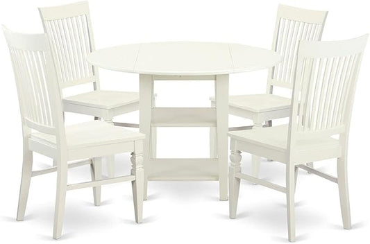 East West Furniture SUWE5-LWH-W 5 Piece Dining Set Includes a Round Dining Room Table with Dropleaf & Shelves and 4 Kitchen Chairs, 42x42 Inch, Linen White