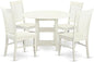 East West Furniture SUWE5-LWH-W 5 Piece Dining Set Includes a Round Dining Room Table with Dropleaf & Shelves and 4 Kitchen Chairs, 42x42 Inch, Linen White