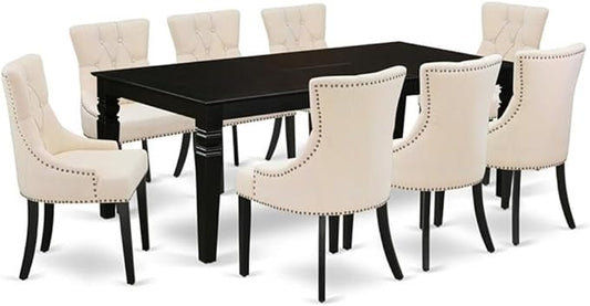 East West Furniture LGFR9-BLK-02 9 Piece Dining Room Set Includes a Rectangle Butterfly Leaf Kitchen Table and 8 Light Beige Linen Fabric Parsons Dining Chairs, 42x84 Inch, Black