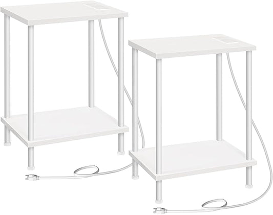 HOOBRO Side Table with Charging Station, Set of 2 End Tables with USB Ports and Outlets, Nightstand with 2-Layer Storage Shelves for Small Spaces, Living Room, Bedroom, White WW09UBZP201