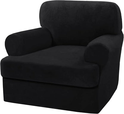 H.VERSAILTEX Sofa Cover 2 Piece T Cushion Armchair Slipcovers Thick Velvet Couch Cover Furniture Protector Stretch T Cushion Sofa Covers for 1 Cushion Couch with 1 Individual T Cushion Covers, Black