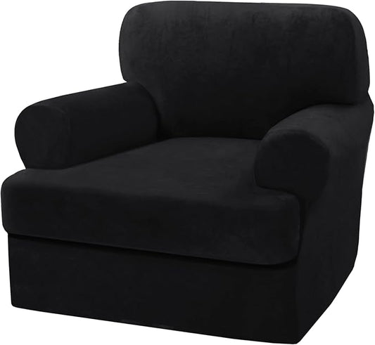 H.VERSAILTEX Sofa Cover 2 Piece T Cushion Armchair Slipcovers Thick Velvet Couch Cover Furniture Protector Stretch T Cushion Sofa Covers for 1 Cushion Couch with 1 Individual T Cushion Covers, Black