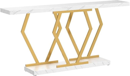 Tribesigns 70.9 Inch Extra Long Sofa Table， White and Gold Console Table with Faux Marble Tabletop, Modern Long Entryway Table with Gold Frame