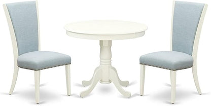 East West Furniture ANVE3-LWH-15 3 Piece Dining Table Set Contains a Round Dining Room Table with Pedestal and 2 Baby Blue Linen Fabric Upholstered Chairs, 36x36 Inch, Linen White