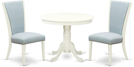 East West Furniture ANVE3-LWH-15 3 Piece Dining Table Set Contains a Round Dining Room Table with Pedestal and 2 Baby Blue Linen Fabric Upholstered Chairs, 36x36 Inch, Linen White