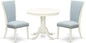East West Furniture ANVE3-LWH-15 3 Piece Dining Table Set Contains a Round Dining Room Table with Pedestal and 2 Baby Blue Linen Fabric Upholstered Chairs, 36x36 Inch, Linen White