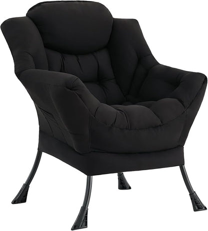 LITA Lazy Chair with Ottoman, Modern Accent Leisure Upholstered Sofa, Contemporary Lounge Reading Chair with Armrests and a Side Pocket for Living Room, Bedroom & Small Space, Single Black