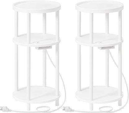 HOOBRO Set of 2 Small Round Side Tables with Charging Station, 3-Tier Round Bamboo End Tables, Easy Assembly, for Living Room, Bedroom, Apartment, White WT152UBZP201