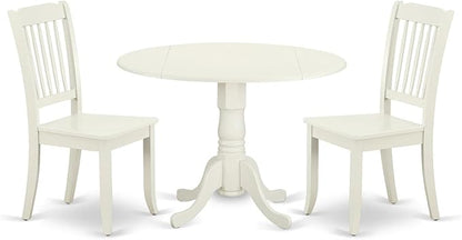 East West Furniture DLDA3-LWH-W 3 Piece Kitchen Table & Chairs Set Contains a Round Dining Room Table with Dropleaf and 2 Solid Wood Seat Chairs, 42x42 Inch, Linen White
