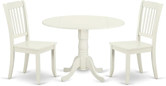 East West Furniture DLDA3-LWH-W 3 Piece Kitchen Table & Chairs Set Contains a Round Dining Room Table with Dropleaf and 2 Solid Wood Seat Chairs, 42x42 Inch, Linen White
