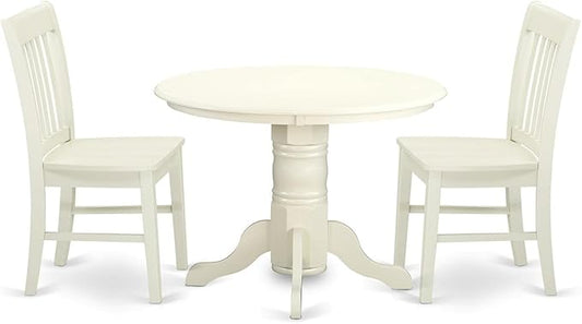 East West Furniture SHNO3-LWH-W 3 Piece Modern Dining Table Set Contains a Round Kitchen Table with Pedestal and 2 Dining Room Chairs, 42x42 Inch, Linen White