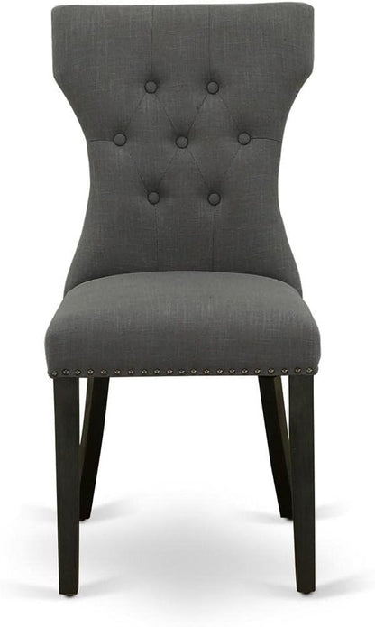 East West Furniture GAP6T50 Gallatin Parson Chairs - Button Tufted Nailhead Trim Dark Gotham Linen Fabric Upholstered Dining Chairs, Set of 2, Wirebrushed Black