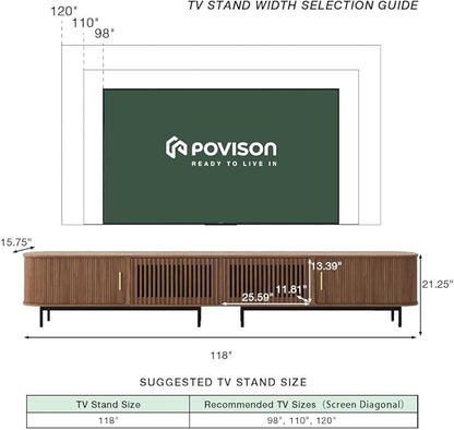 POVISON Sliding Tambour Door TV Stand, Mid Century Modern TV Console, Wood Media Console, Entertainment Center with Storage Cabinet, Fully-Assembled (Walnut, 118.11")
