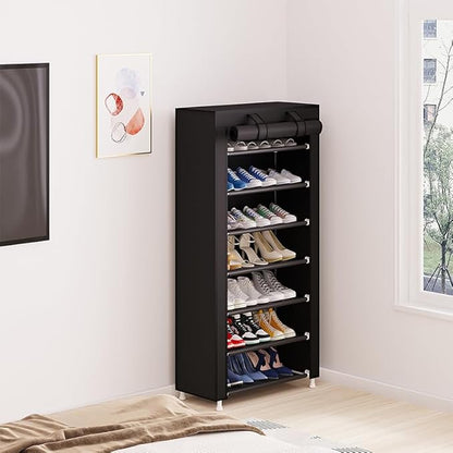 Calmootey 7 Tier Shoe Rack Organizer,Portable Shoe Shelf with Nonwoven Fabric Cover for Closet Hallway,Bedroom,Entryway,Black