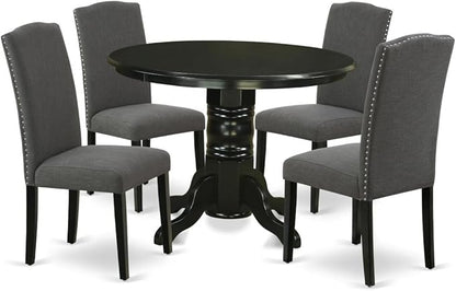 East West Furniture SHEN5-BLK-20 5 Piece Dining Room Table Set Includes a Round Kitchen Table with Pedestal and 4 Dark Gotham Linen Fabric Upholstered Chairs, 42x42 Inch, Black