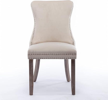 PacknWood Acosure Set of 2 Velvet Upholstered Wing-Back Dining Chair with Backstitching Nailhead Trim,Exquisite Furniture Stool W/Wood Legs,for Kitchen,Sitting Room,Beige
