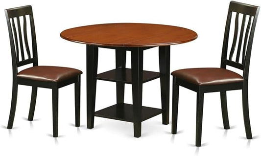 East West Furniture SUAN3-BCH-LC 3 Piece Dining Room Furniture Set Contains a Round Dining Table with Dropleaf & Shelves and 2 Faux Leather Upholstered Chairs, 42x42 Inch, Black & Cherry