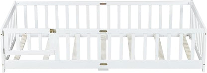 Twin Floor Bed with Slats and Center Support Bar, Wood Montessori Floor Bed with Fence and Door, Kids Montessori Bed Twin Size, Twin Size Montessori Floor Bed for Kids, Girls, Boys(Twin White)