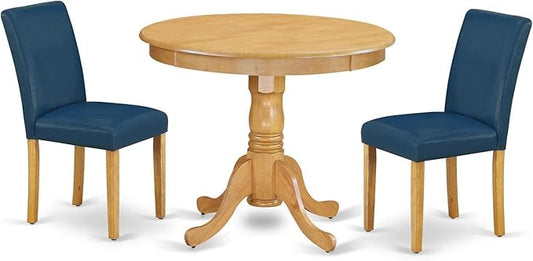 East West Furniture ANAB3-OAK-55 3 Piece Kitchen Table & Chairs Set Contains a Round Dining Room Table with Pedestal and 2 Oasis Blue Faux Leather Parsons Chairs, 36x36 Inch, Oak