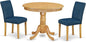 East West Furniture ANAB3-OAK-55 3 Piece Kitchen Table & Chairs Set Contains a Round Dining Room Table with Pedestal and 2 Oasis Blue Faux Leather Parsons Chairs, 36x36 Inch, Oak