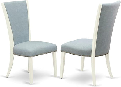East West Furniture ANVE3-LWH-15 3 Piece Dining Table Set Contains a Round Dining Room Table with Pedestal and 2 Baby Blue Linen Fabric Upholstered Chairs, 36x36 Inch, Linen White