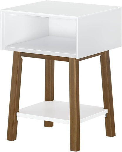 Plank+Beam Wooden Side Table with Cubby Storage Shelf, Mid Century Modern End Tables for Living Room, Small Solid Wood Nightstand, Bedside Tables, Bedroom Furniture, White/Pecan