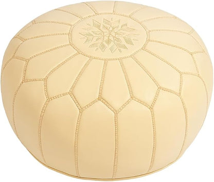 Stuffed Round Design Moroccan Leather Pouf Ottoman, Handmade, Pre-Filled, 100% Genuine Leather, 13” Height x 20” Diameter, Footstool & Living Room Décor (Cream)
